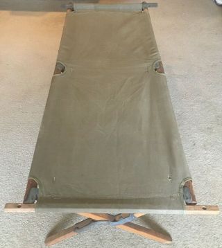 Vintage U.  S.  Army Military Cot 1944 Heavy Duty Green Canvas Wood Frame