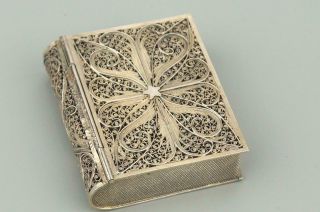 Vintage Silver Filigree Pill / Trinket Box In Book Shape Continental Mark
