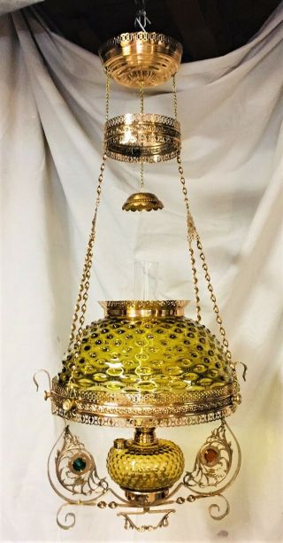 Bradley & Hubbard (b&h) Victorian Hanging Lamp; Vibrant Amber " Hobnail " Shade