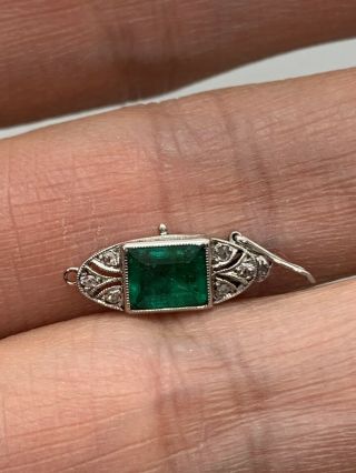 Antique Art Deco French Platinum Emerald Rose Cut Diamond Oval Clasp Filigree