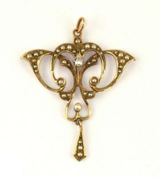 Antique Art Nouveau 10k Gold Diamond Seed Pearl Pendant