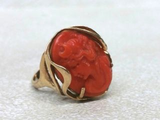 Antique Victorian 14k Gold,  Natural Red Coral Hand Carved Cameo Ring