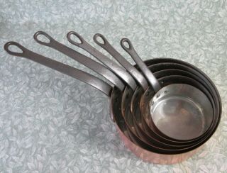STAMPED Vintage French SET 5 COPPER SAUCEPANS 4kg Tin Lined Iron Handles 12 - 20cm 2