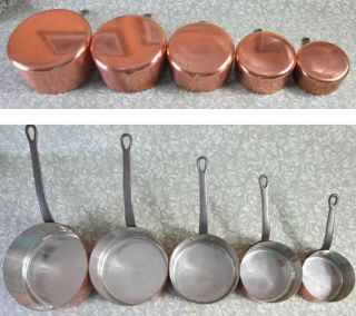 STAMPED Vintage French SET 5 COPPER SAUCEPANS 4kg Tin Lined Iron Handles 12 - 20cm 3