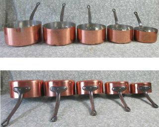 STAMPED Vintage French SET 5 COPPER SAUCEPANS 4kg Tin Lined Iron Handles 12 - 20cm 5
