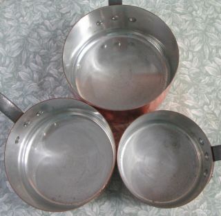 STAMPED Vintage French SET 5 COPPER SAUCEPANS 4kg Tin Lined Iron Handles 12 - 20cm 6