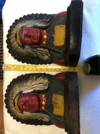 Vintage Pair Cast Iron Bookends Native American Indian Chief,  Hand Painted.