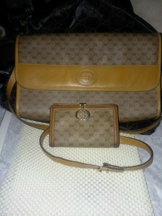 Authentic Vintage Gucci Brown Sig.  Logo Canvas & Leather Crossbody Bag W/wallet