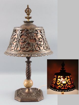 Antique Arts & Crafts Cast Iron & Marble Boudoir Lamp W/ Mica Shade