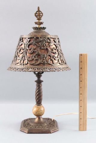 Antique Arts & Crafts Cast Iron & Marble Boudoir Lamp w/ Mica Shade 2