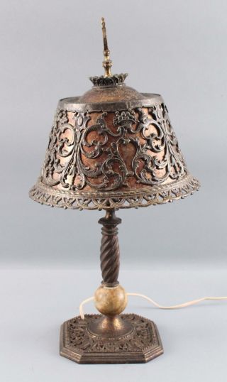 Antique Arts & Crafts Cast Iron & Marble Boudoir Lamp w/ Mica Shade 3