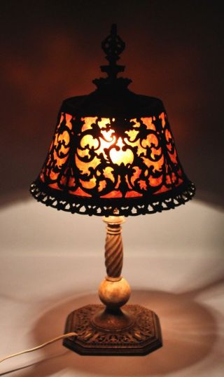 Antique Arts & Crafts Cast Iron & Marble Boudoir Lamp w/ Mica Shade 4