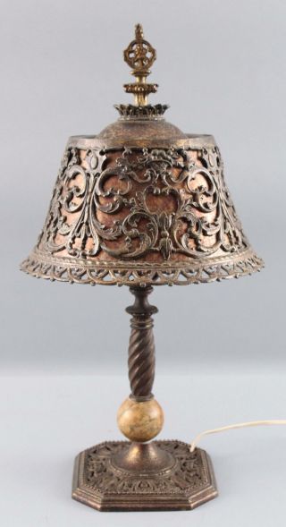 Antique Arts & Crafts Cast Iron & Marble Boudoir Lamp w/ Mica Shade 6