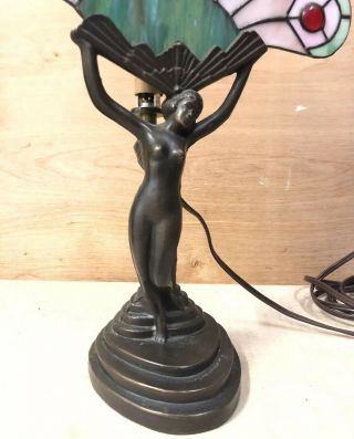 Vintage Art Deco 16”X10”X5”Nude Bronze Lady Lamp With Tiffany Style Stain Glass 4