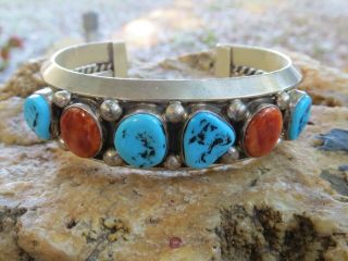 Fabulous Vtg Native American Sterling Silver Turquoise & Spiny Oyster Bracelet