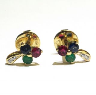 18k Yellow Gold.  02ct Diamond Ruby Sapphire Emerald Stud Earrings 2.  4g Vintage