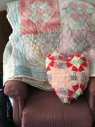 Vintage Hand Stitched Diamond Quilt Farmhouse Cottage Shabby Chic And Pillow