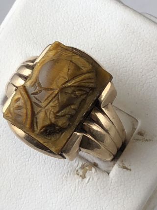 Vintage 14 K Gold Carved Tiger Eye Cameo Roman Soldier Warrior Mens Ring 11.  5