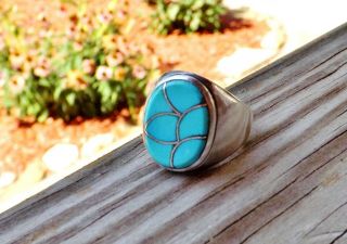 Vintage Zuni Sterling Silver Mosaic Inlay Turquoise Mens Cluster Size 9.  5 Ring