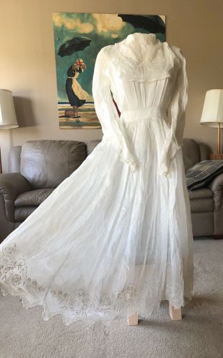 Antique Vintage Women’s Dress White Lace Trim Flower Embroidery Edwardian? Xs