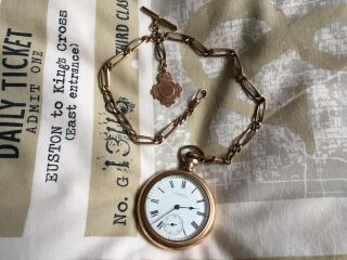 A.  W.  W.  Co.  Waltham Mass.  Vintage Antique 10k Gold Filled Pocket Watch And Chain