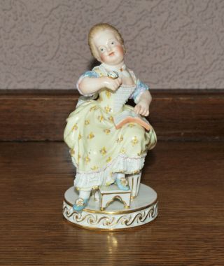 Antique Meissen Porcelain Figurine - Girl With Pocket Watch & Book - No.  F49