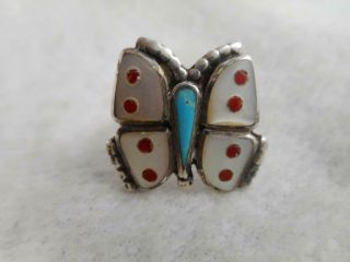 Older Vtg Hm Native American Zuni Mop Turquoise Coral Butterfly Inlay Ring 7.  25