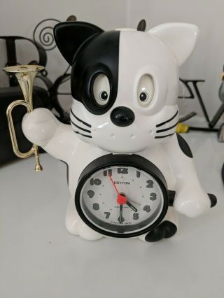Vintage Rhythm Japan Clock Black White Dog W/ Trumpet Very Rare Euc Great
