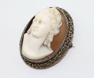 Large Vintage Sterling Silver 925 High Relief Carved Shell Cameo Brooch Pendant
