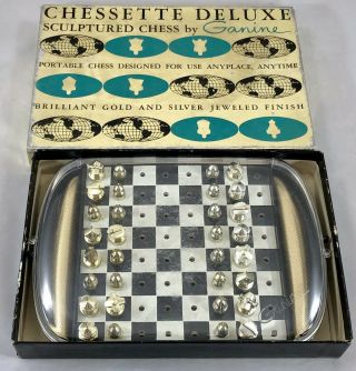 Vintage Chessette Sculptured By Ganine Mini Travel Chess Set 50’s Gold Silver