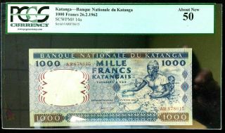Rare Uncirculated 1000 Francs 1962 Banknote From Katanga Pcgs Graded
