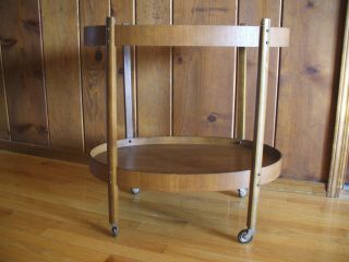Vintage Hollywood Regency Japan Oval Bent Wood Bar Trolley Drink Cart Table