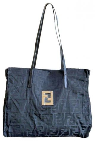 Authentic Fendi Vintage Zucca Large F Logo Black Canvas Leather Medium Tote Bag