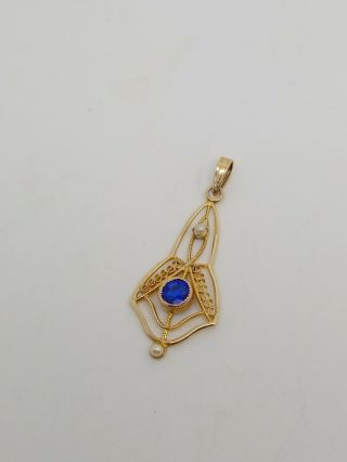 Vintage 10k Yellow Gold Blue Stone Seed Pearl Lavalier Shield Pendant 0.  8gr