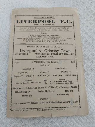 Liverpool Fc V Grimsby Town Feb 12th 1947 And Very Rare