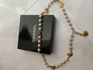 Authentic Chanel Vintage Chain Belt Necklace Gold Pearl Cc Logo Ladies