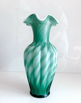 Vintage Fenton Green And White Art Glass Vase Swirl Glass