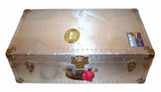 Large Authentic Aluminium Cabin Steamer Trunk Suitcase,  Rivets,  Vintage,  Leather