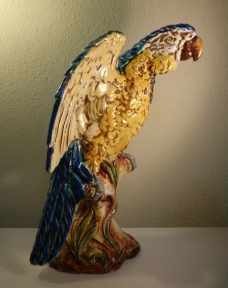 Large Vintage Mid Century Signed Italian Majolica Art Pottery Parrot From Italy