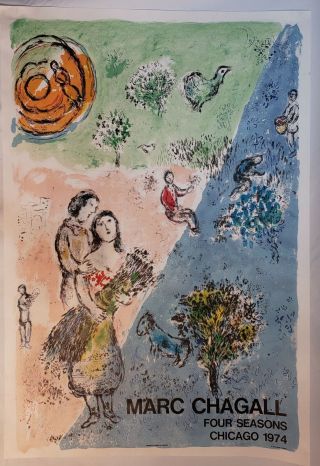 Vintage Marc Chagall Mourlot Lithograph Poster " The Four Seasons " Chicago 1974