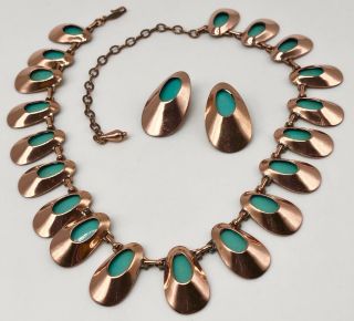 Vintage Matisse Renoir Honey Bear Copper W/turquoise Enamel Necklace Set
