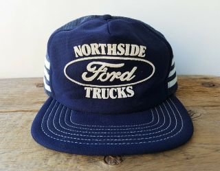 Vtg 80s Ford Northside Trucks 3 Stripe Mesh Trucker Hat Made In Usa Snapback Cap
