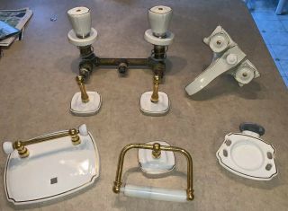 Vintage 5 Pc Ceramic And Brass Tub Sink Faucet Toothbrush Toilet Paper Holder