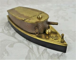 Rare Vintage Us Navy Brass Desktop Box Figural Gunboat Boat