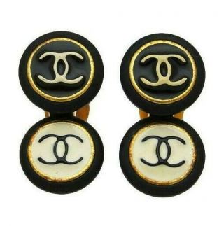 Authentic Vintage Chanel Earrings Cc Logo Black White Round Double Ea1746