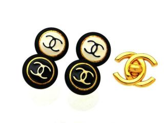 Authentic Vintage Chanel earrings CC logo black white round double ea1746 2
