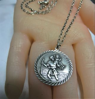Vintage Solid Silver St Christopher Pendant & Long Silver Chain.  Necklace.  Xaod.