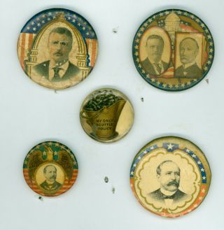 5 Vintage 1904 President Theodore Roosevelt Parker Campaign Pinback Buttons