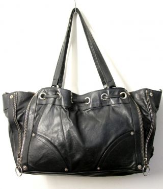 Vtg Lrg Mulberry Zip Drawstring Black Leather Shoulder Bag Tote Handbag
