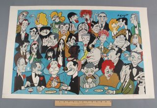 Vintage Xavier Cugat Lithograph Print,  Dining At Melvyns,  Celebrity Caricatures